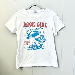 Book Girl Summer Tshirt White Basic Novelty 50s 60s Mod Beach Read Whimsy Large